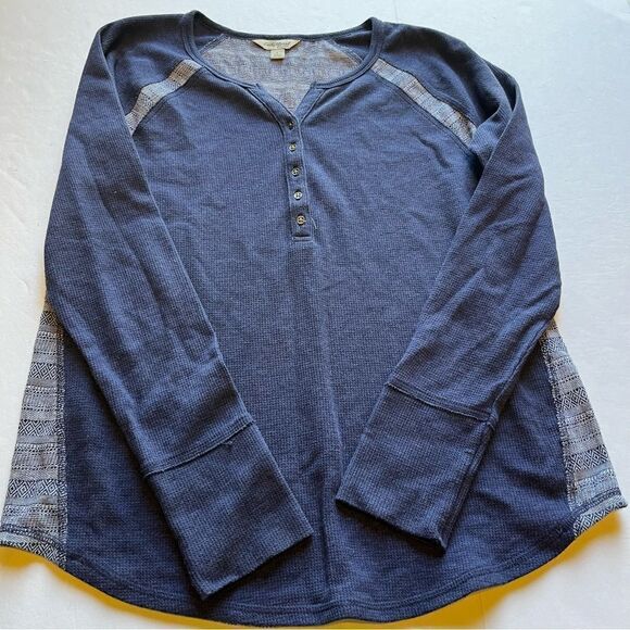 Lucky Brand Women's Long Sleeve Henley V neck with buttons Blue/Cream Size Large - Picture 4 of 8